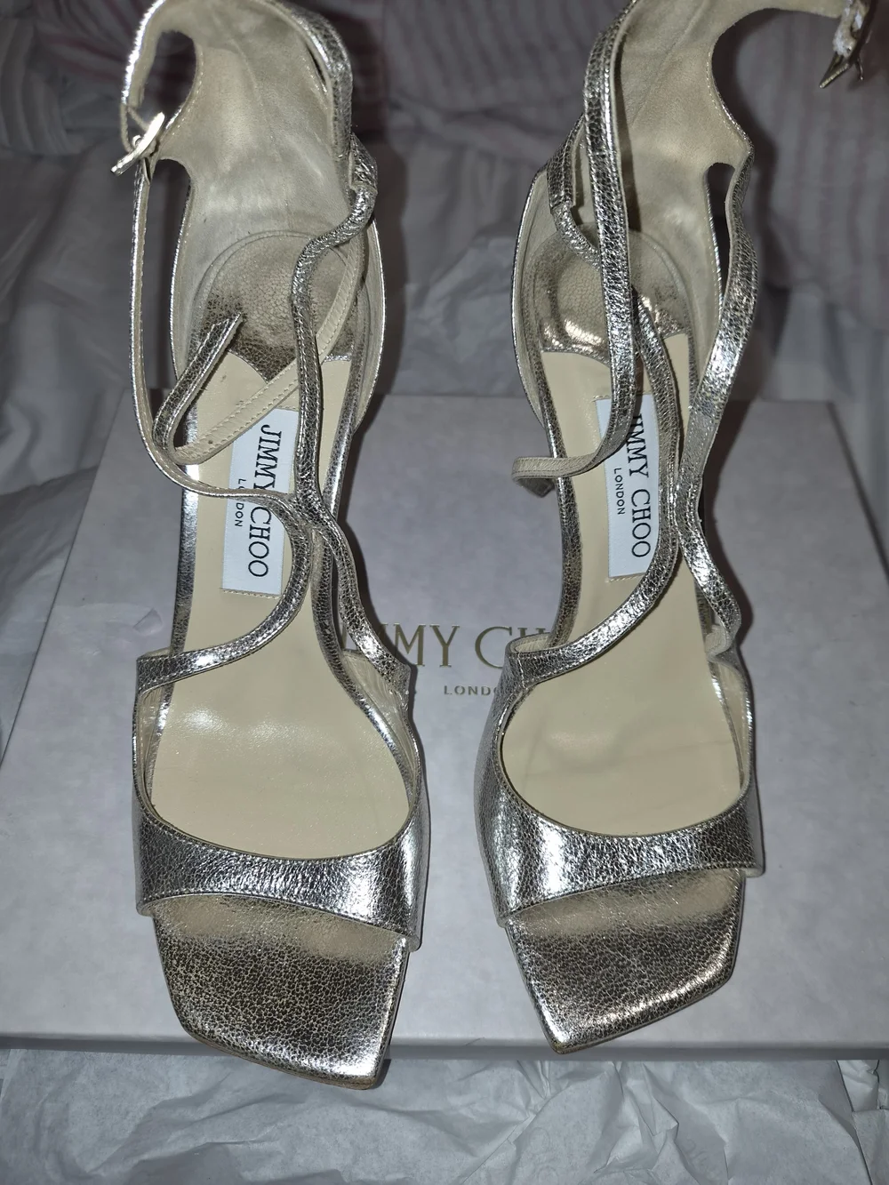 Jimmy Choo Silver Metallic Strappy High-Heel Sandals
